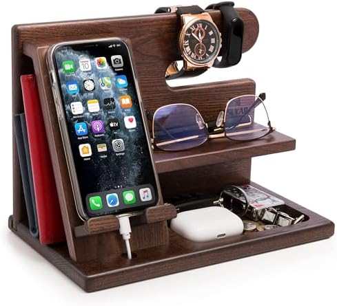 TESLYAR Wood Phone Docking Station for Men – Desktop or Nightstand Organizer – Birthday Gifts for Men, Dad – Anniversary Idea from Wife – Key Holder, Stand Wallet, Watch & Essentials (Antique Brown) – Enhanced Compatibility and Speed