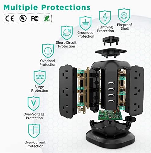 Ultimate Power Strip Tower with USB Ports – Ai Joy 12 AC Outlet Surge Protector and 4 USB Charging Station with 10 Ft Extension Cord, Overload Protection for Home, Office, and Dorm Use – Space-Saving Design for Enhanced Device Compatibility and Fast Charging