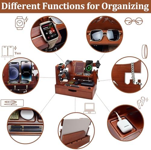 Nightstand Organizer for Men with Large Drawer, Birthday Gifts for Men, Phone Docking Station, Bedside Organizer for Nightstand for Apple Watch, Laptop (Brown, Solid Wood) – Enhanced Compatibility and Speed