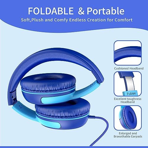 Safe Listening Over-Ear Headphones for Kids – Durable Foldable Wired Design with Volume Limiter and Built-in Mic – Comfortable Navy/Blue Headset Ideal for Educational Use and Gaming – Perfect Compatibility with Tablets, Computers, and Smartphones – Stylish Audio Solution for Young Learners