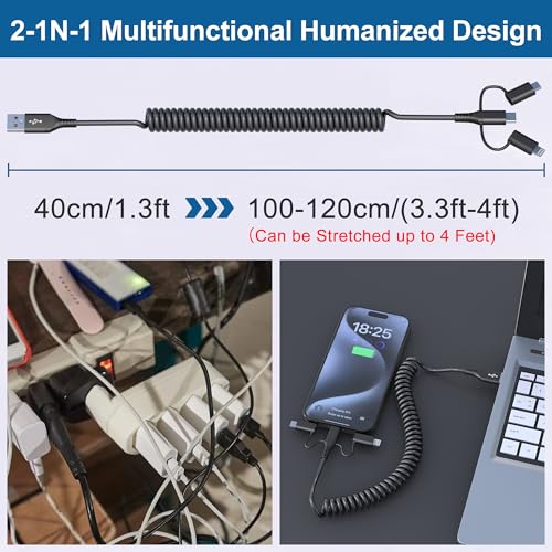 Versatile Coiled USB to USB-C & Lightning Cable Combo for i Phone and Android – MFi Certified Fast Charge & Data Sync up to 3 A – Tangle-Free Design for Apple Car Play & Android Auto Compatibility – Durable, High-Quality Charging Solution for Seamless Connectivity on the Go