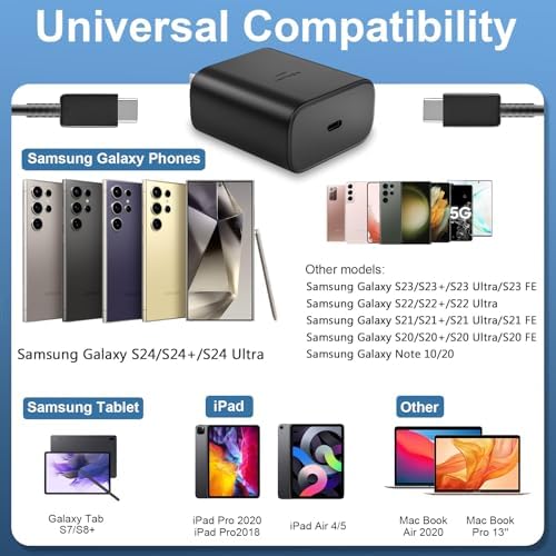 Rapid Charge 45 W USB Type C Power Adapter with 6.6 FT Cable for Samsung Galaxy – Ultimate Fast Charging Solution for S25/S25 Ultra/S24/S23/S22/Note Series – Enhanced Compatibility and Robust Build for Daily Demands