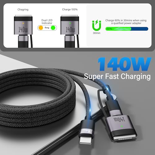 USB-C to Magnetic 3 Cable Braided 6 FT,2 In 1 140W Magnetic Safe 3 Fast Charging Cord With 240W USB C to C Charger Cable Adapter, Fit for MacBook Pro/Air M1 M2 M3(2021-2024 14″&16″- Space Gray – Enhanced Compatibility and Speed