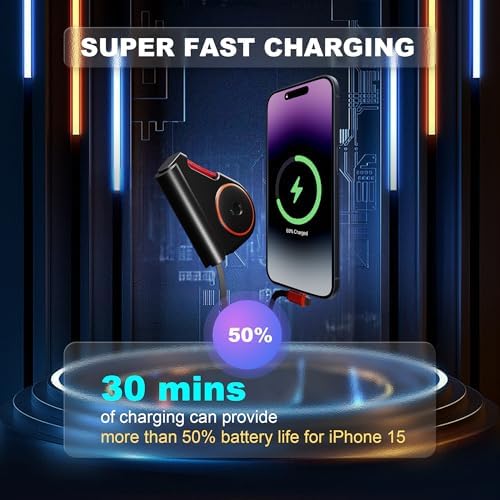 Wearable Power Bank with Built-in Retractable Cables and LED Flashlight – 5000 m Ah Portable Charger for Quick USB-C Fast Charging (22.5 W) – Universal Compatibility for i Phone and Android Devices – Lightweight Outdoor Essential for Seamless Connectivity