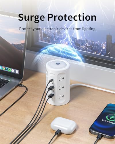 Smart Power Strip Tower with Integrated Night Light & Surge Protection – 10 FT Extension Cord Featuring 12 AC Outlets, 3 USB-A and 2 USB-C Ports for Home Office & Dorm Room Convenience – Sleek Black Design for Enhanced Versatility and Clutter-Free Organization