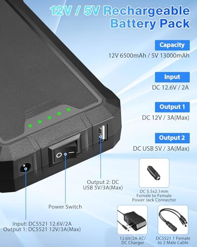 Rapthor 12 V 6500 m Ah & 5 V 13000 m Ah Rechargeable Lithium-Ion Power Bank – Versatile Fast Charger for Heated Jackets, CCTV Cameras, and More – Lightweight, Compact Design for Outdoor Adventures – Enhanced DC Output Compatibility and Safety Features