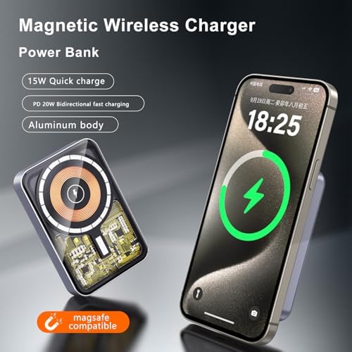 Ultra-Fast Magnetic Wireless Power Bank – 15 W Mag Safe-Compatible Portable Charger for i Phone 15/14/13/12/11/X | 5000 m Ah PD 20 W | Sleek Silver Design for Effortless Charging on the Go