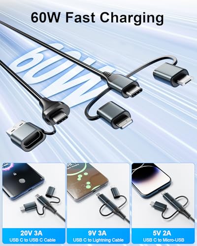 Revolutionary 4-in-1 Coiled Charging Cable: USB, USB-C & Lightning Combo for Seamless Apple Car Play & Android Auto Compatibility – 5 FT, 60 W Fast Charging Multi-Device Cord for i Phone, Samsung, i Pad, Mac Book – Tangle-Free Travel Solution