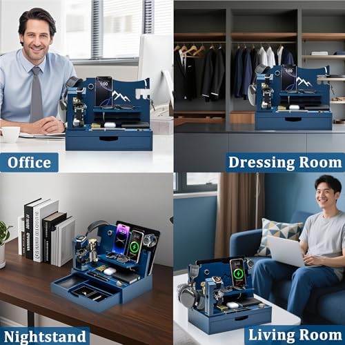 Nightstand Organizer for Men with Large Drawer, Birthday Gifts for Men, Phone Docking Station, Bedside Organizer for Nightstand for Apple Watch, Laptop (Brown, Solid Wood) – Enhanced Compatibility and Speed