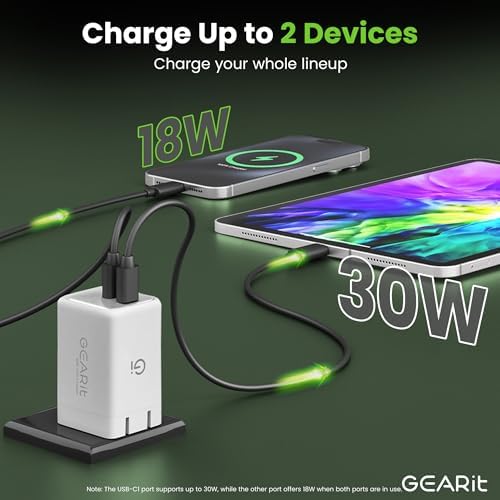 Elevate Your Charging Game with the GEARit 48 W Dual-Port USB C Fast Charger – Cutting-Edge Ga N Technology for Rapid Power Delivery to Apple, Samsung, i Phone, i Pad, and Google Pixel – Compact and Lightweight Design for Ultimate Portability – Power Up Two Devices Simultaneously with Advanced PD 3.0 and PPS Features for Unmatched Efficiency and Reliability – Perfect for Travelers and Tech Enthusiasts Seeking Superior Charging Solutions.
