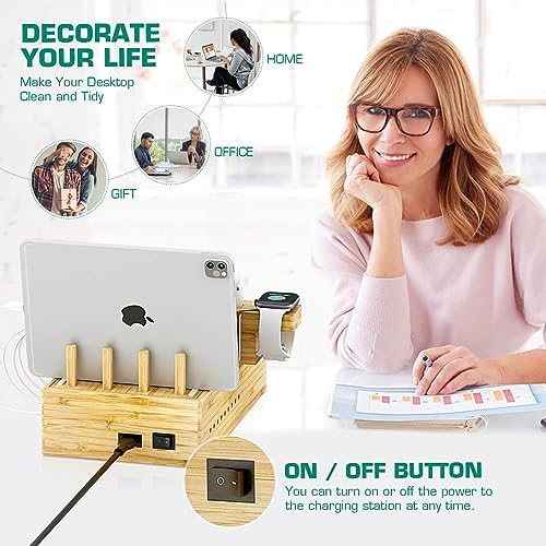 Eco-Friendly Bamboo Wireless Charging Station – Versatile Docking Organizer with 7 USB Ports for Fast Qi-Certified Charging of Smartphones, Smartwatches, Earbuds, and Tablets – Sleek Design for Enhanced Productivity and Clutter Reduction