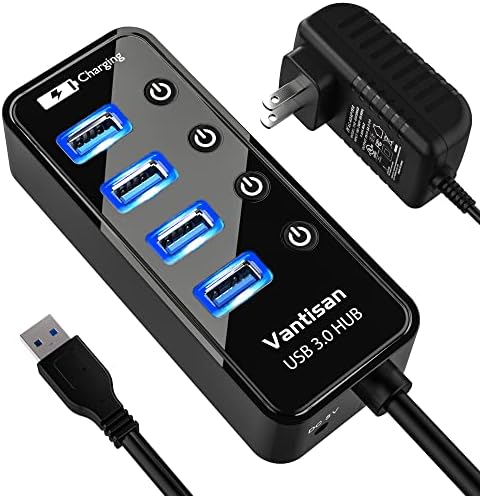 High-Speed Powered USB 3.0 Hub with Smart Charging – 4-Port Splitter for Enhanced Device Connectivity and Individual ON/OFF Control – Ideal for Home and Office Use