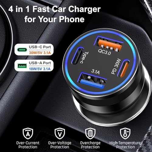 High-Powered 5-Pack USB C Car Charger – 4-Port 65 W Dual USB-C & USB-A Fast Charging Adapter for i Phone 16/15/14/13/12 Pro Max, Samsung Galaxy & i Pad – Ultimate Compatibility & Speed for On-the-Go Charging