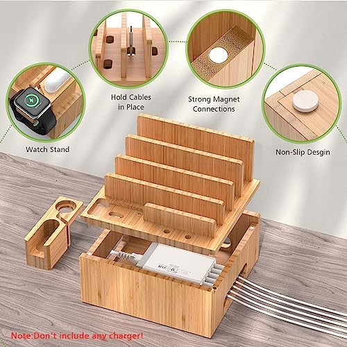 Eco-Friendly Bamboo Multi-Device Charging Hub by Pezin & Hulin – Elegant Docking Station for Phones, Tablets, Smartwatches & Earpods with 5 High-Speed USB Cables for Clutter-Free, Fast Charging Solutions in Home or Office