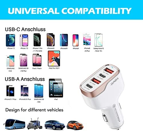 Experience Rapid Roadside Charging with SUNDA 120 W USB C Fast Car Charger – 4-Port Adapter Featuring Dual Type C PD60 W/PPS60 W for i Phone 16/15 Pro/Max/14 & Samsung Galaxy S24, Plus Dual USB-A 30 W QC3.0 for All Android Devices – Compact, Durable, and Universally Compatible for Effortless Multi-Device Charging on the Go