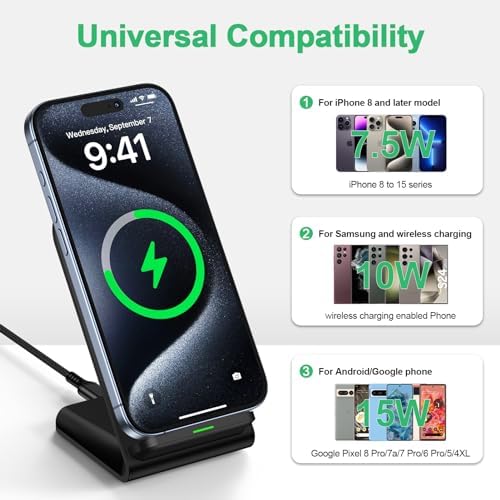 Samsung Fast Wireless Charging Stand 15 W – Universal Compatibility for Galaxy S24/S25 Ultra Plus, i Phone 16/15 Pro Max, Pixel 9 Pro – Sleek Design with 18 W Adapter for Optimal Performance – Perfect Desk and Nightstand Accessory