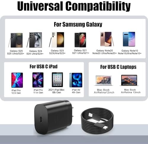 Ultra-Fast 25 W Type-C Charger for Galaxy S-Series – 10 ft USB-C Cable for S25, S24, S23, S22 – Rapid Power Delivery with Superior Safety Features for Mobile Professionals and On-the-Go Users