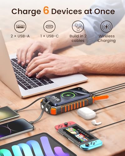 Riapow 27,000 m Ah Solar Power Bank – Wireless Fast Charging Portable Charger with Built-in Cables, 22.5 W PD & QC Support, Rugged Outdoor Battery Pack in Vibrant Orange for Phones, Tablets & Flashlights – Ultimate Adventure Companion