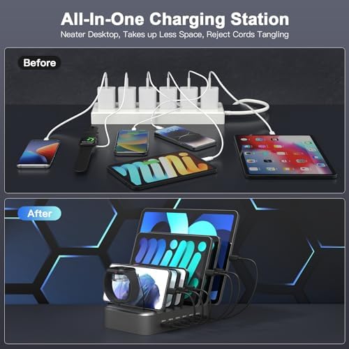MSTJRY 90 W 6-Port USB C Fast Charging Station – Multi-Device Power Hub with Adjustable Organizers for i Phone, i Pad, Tablets & More – High-Speed PD Charger Dock for Home, Office & Classroom Efficiency
