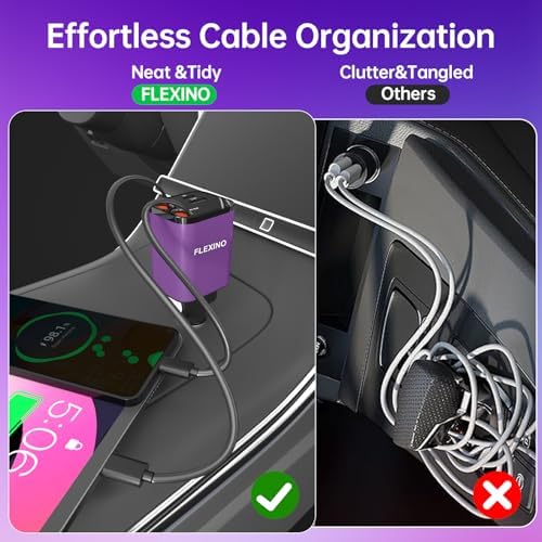 Premium Flexino Compact Retractable Car Charger for i Phone 16 – 69 W Fast Charging with Dual 2.6 ft USB C Cords | Efficient Power Adapter Compatible with i Phone 16/15/14/13/12 Series & Galaxy Devices | Sleek Grey Design for Ultimate Portability and Reduced Cable Clutter