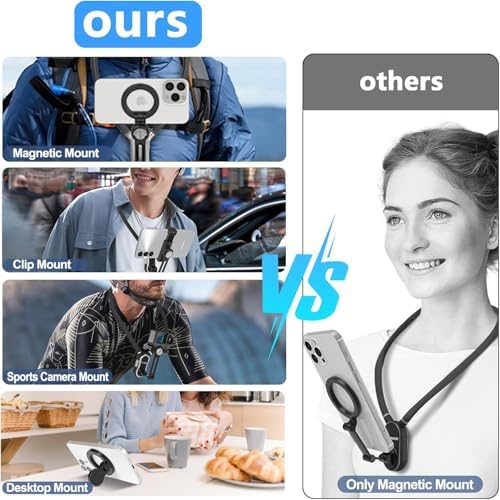 Magnetic Neck Phone Holder – 4-in-1 Hands-Free Mount for i Phone, Android, and Go Pro – Enhanced POV & Vlog Recording Accessory with Adjustable Comfort Neckband – Lightweight & Travel-Friendly Design for Effortless Content Creation – Ideal for Adventurers and Creators