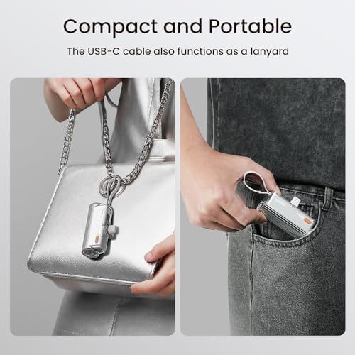 Ultra-Compact 5000 m Ah Flow Mini Power Bank – Versatile Portable Charger with Changeable Plugs, Built-in Cable & Dual USB-C Outputs for Seamless Compatibility with i Phone 16/15/14/13, i Pad, Galaxy S24/23 Ultra – Ideal for On-the-Go Charging