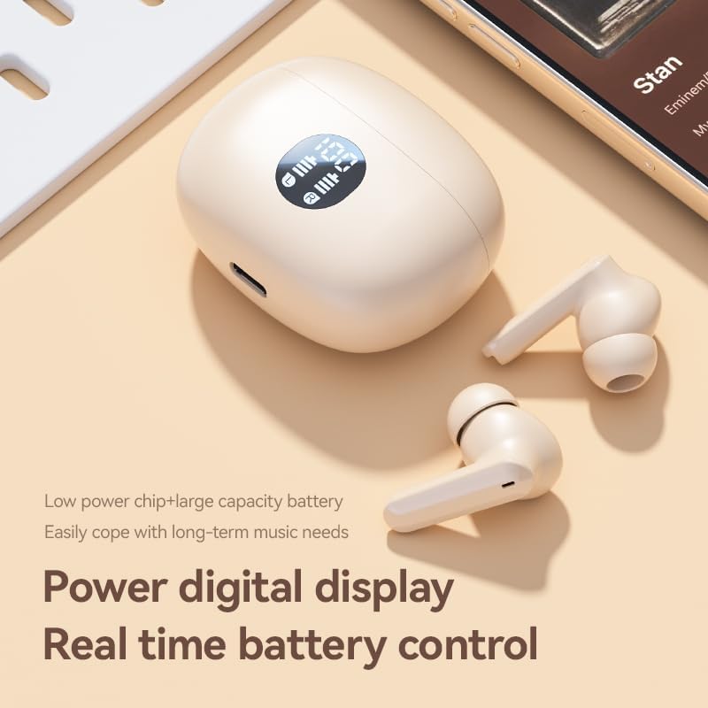 Enhance Your Lifestyle with Beige Bluetooth 5.4 Wireless Earbuds – Experience Superior Noise Cancelling Technology, Immersive Stereo Bass, and IPX7 Waterproof Durability – 30-Hour Playtime with LED Battery Indicator – Ideal for Sports, Gaming, and Professional Use