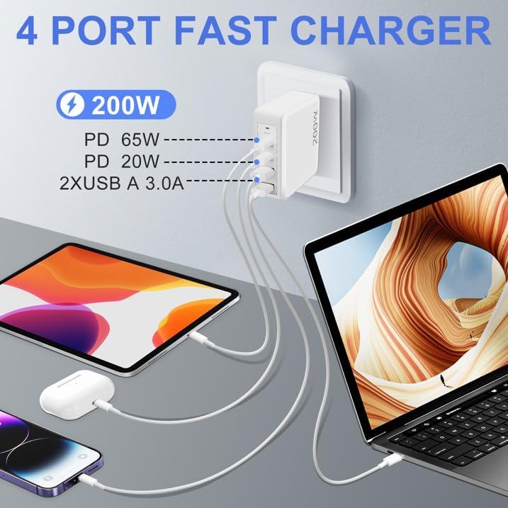 200 W USB C Fast Charger – 4-Port Power Adapter for Mac Book, i Pad, i Phone, Samsung & More – Multi-Device Charging with 4 Cables – Ultimate Efficiency & Compatibility for All Type-C/Lightning/Android Devices
