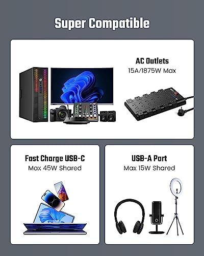 Power Strip Surge Protector by SUPERDANNY – 22 Outlets, 45 W Type-C Fast Charging with 4 USB-A & 2 USB-C Ports, 2100 Joules Protection, 15 A/1875 W Capacity, 6.5 Ft Flat Plug Extension Cord – Ideal for Home Streaming & Gaming Setup