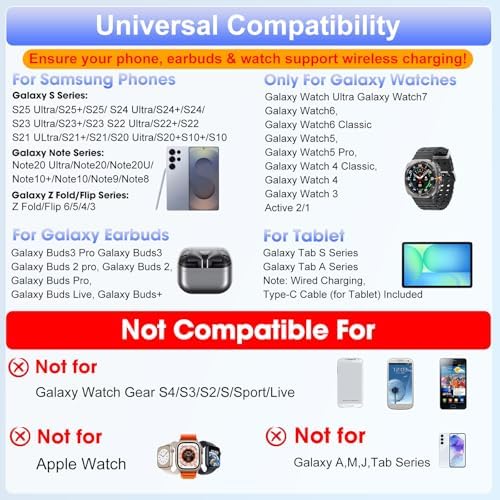 30 W Magnetic Wireless Charging Station with 12-Hour Clock & 7 Color Ambient Light for Samsung Devices – Fast Charging Hub for Galaxy Tab, Galaxy S25 Ultra, Samsung Watch 7, and Galaxy Buds3 Pro – Portable, Foldable Design with Adjustable Tablet Stand for Travel – Comprehensive Safety Features for Optimal Performance