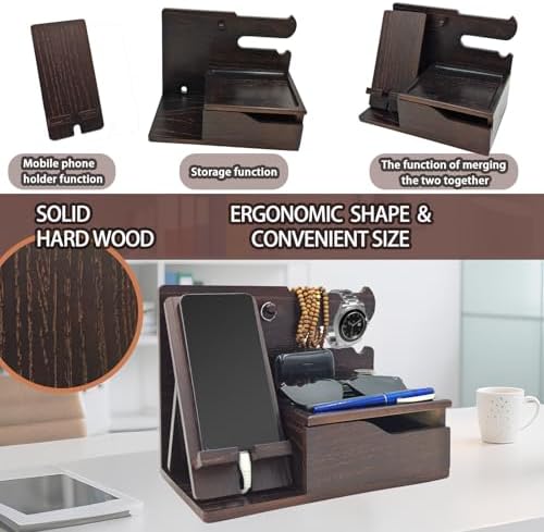 Sleek 3-in-1 Wood Phone Docking Station with Hidden Charging Hole & Drawer – Multifunctional Organizer for Phones, Keys, Glasses & Accessories, Ideal Men’s Desk Solution (Brown) – Premium Quality & Enhanced Compatibility