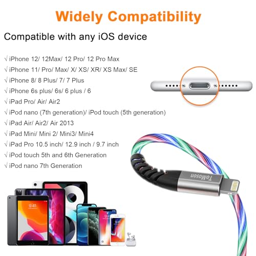 Vibrant LED Lightning Charging Cable for i Phone – MFi Certified 6 FT Fast Charge USB Cord with Dynamic RGB Light-Up Feature for Enhanced Compatibility and Performance with i Phone 14, 13, 12, 11 Pro Max, XR, X, SE, 8 Plus, i Pad, and i Pod – Durable and Stylish Tech Accessory for Home and On-the-Go Charging