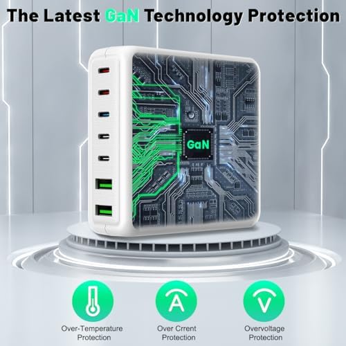 260 W 7-Port USB-C Charging Hub – High-Efficiency Dual 65 W Charger for Mac Book Pro/Air & i Phone 14/13 Series – Smart Power Distribution & Compact Design for Home, Office, and Travel Use – Versatile Fast Charging Station with GAN Technology for All Your Devices