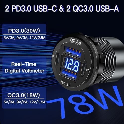 High-Performance 4-Port 12 V USB Car Charger with Dual PD & QC Technology – 78 W Aluminum Multi-Port Charger with Integrated Voltmeter for Marine, Motorcycle & Vehicle Charging – Ultimate Fast Charging Solution for Multiple Devices