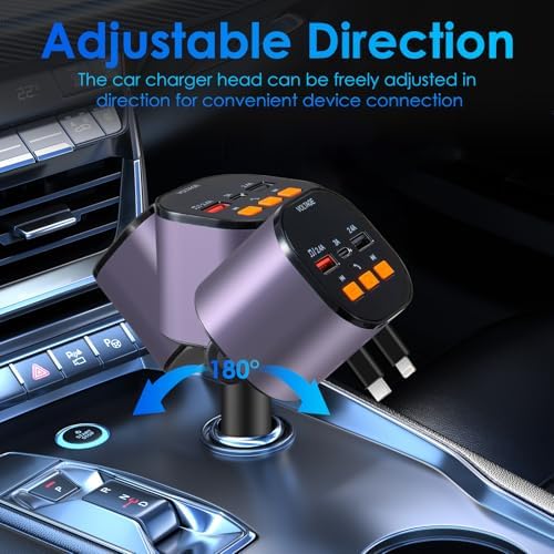 Ultimate 5-in-1 Fast Car Charger with Bluetooth 5.3 FM Transmitter – 90 W Retractable Charging Hub for i Phone 15/14/13 – Hands-Free Calling and Dual USB Ports for Seamless Connectivity and Quick Charging – Compact Black Design for Enhanced In-Car Experience