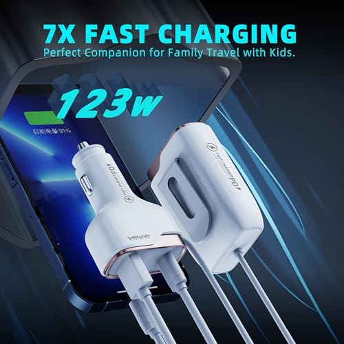 Experience Rapid Roadside Charging with SUNDA 120 W USB C Fast Car Charger – 4-Port Adapter Featuring Dual Type C PD60 W/PPS60 W for i Phone 16/15 Pro/Max/14 & Samsung Galaxy S24, Plus Dual USB-A 30 W QC3.0 for All Android Devices – Compact, Durable, and Universally Compatible for Effortless Multi-Device Charging on the Go