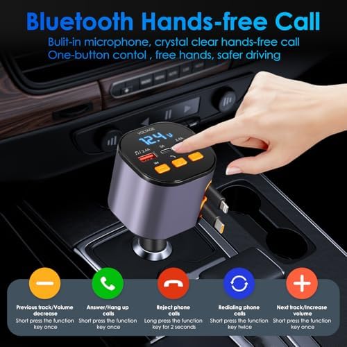 Ultimate 5-in-1 Fast Car Charger with Bluetooth 5.3 FM Transmitter – 90 W Retractable Charging Hub for i Phone 15/14/13 – Hands-Free Calling and Dual USB Ports for Seamless Connectivity and Quick Charging – Compact Black Design for Enhanced In-Car Experience