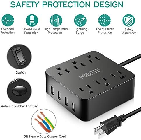 MIBOTE 6-Outlet USB Power Strip with 4-Port Fast Charging Hub – 5 ft Surge Protector for Home, Office, and Travel – Universal Voltage Compatibility (100-240 V) – Ideal for Multiple Devices, Electronics, and Gadgets