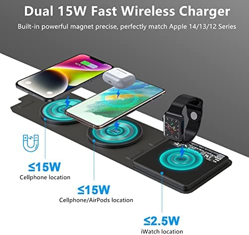 Revolutionize Your Charging Experience with the Dual 15 W Foldable Magnetic Wireless Charger – 3-in-1 Travel Essential for i Phone, Samsung, Apple Watch, and Air Pods – Fast, Efficient, and Universally Compatible with Mag Safe Devices for On-the-Go Power