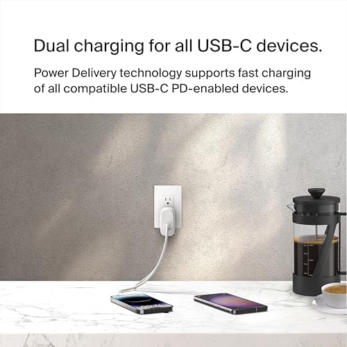 Belkin 65 W Dual USB-C Fast Charger Block – Super Charging PD3.0 with Ga N Efficiency for i Phone 16, Samsung Galaxy S25, Mac Book & More – Dual Port Power Adapter for Rapid Device Charging – Sleek White Design for Modern Aesthetics – Ideal for Multitasking and On-the-Go Lifestyle