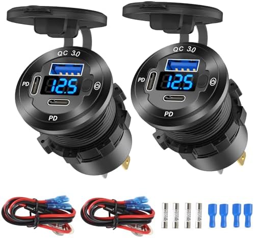 High-Performance 2 Pack 12 V USB Outlet Car Charger Socket – Triple Port Aluminum Fast Charging Adapter with 30 W Dual PD USB-C and Quick Charge 3.0, Waterproof Design with Built-in Voltmeter & Power Control for Marine, RV, Motorcycle, and Truck Applications – Ultimate Durability and Versatile Compatibility for All Devices
