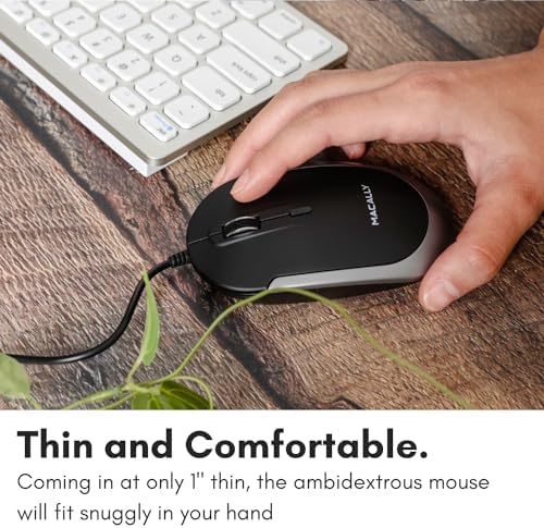 Ergonomic Macally Wired USB C Mouse – Precision Optical Sensor with Adjustable DPI (800/1200/1600/2400) for Seamless Mac & Windows Experience – Compact, Ambidextrous Design for Left and Right-Handed Users – Effortless Navigation with 3 Buttons & Scroll Wheel – Perfect Travel Companion for Enhanced Productivity