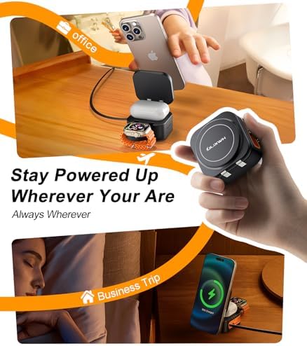 2025 3-in-1 Magnetic Wireless Charging Station for Apple Devices – Fast 15 W Mag Safe Charger with Retractable Cable and Foldable Stand for i Phone 16/15/14/13/12 Pro Max, Apple Watch, and Air Pods – Ultimate Portability and Enhanced Safety Features
