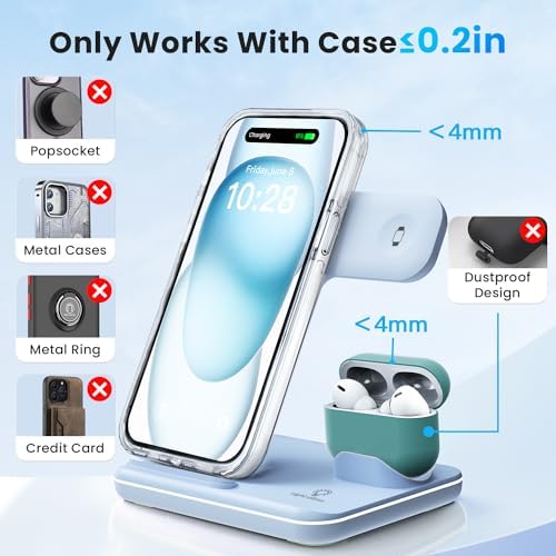 WAITIEE 3-in-1 Wireless Charging Station for i Phone, Apple Watch & Air Pods – Fast, Stylish Blue Charger with Enhanced Compatibility for i Phone 16, 15, 14, 13, 12, 11, X, 8 & Air Pods Pro – Ultimate Travel-Friendly Charging Solution with Safety Features