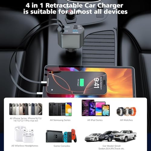 Fast Charge Dual USB-C Car Charger for i Phone 16/16 Pro Max/15 with Braided Nylon Cable – High-Speed PD3.0 Adapter for Convenient On-the-Go Charging – Durable, Compact Design for i Pad Compatibility – Tangle-Free Solution for Everyday Use – Essential Road Trip Companion