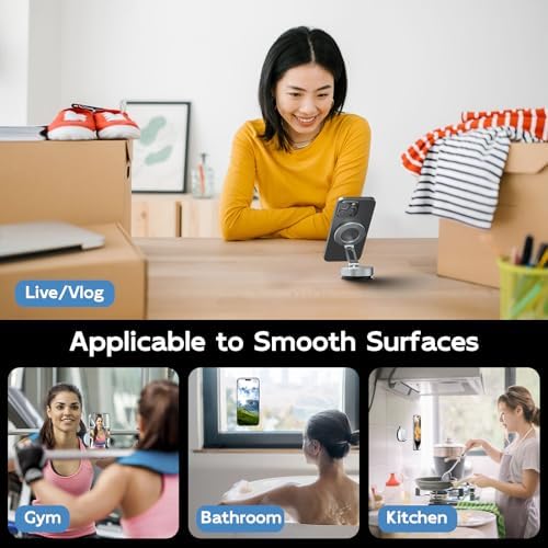Magnetic Suction Cup Phone Mount for Magsafe, Foldable and 360° Retractable Hands-Free Vacuum Car Phone Holder for Car/Gym/Mirror/Smooth Surface, Compatible with iPhone Android, White – Enhanced Compatibility and Speed