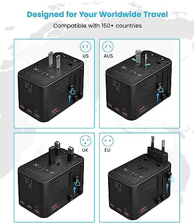 VINTAR Universal Travel Adapter 75 W Ga N Technology: Ultimate All-in-One Power Converter with 3 USB-C PD and 2 USB-A Quick Charge Ports for Global Use – Compact Power Solution for Laptops & Smartphones in 200+ Countries – Reliable Performance with Safety Features for Hassle-Free Charging