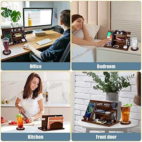 Black Wood Phone Docking Station with Drawer, Compatible with Apple Watch – Wood Charging Station Organizer Stand, Bedside Nightstand Organizer for Men, Holds, Tablet, Glasses, Keys, EDC – Enhanced Compatibility and Speed