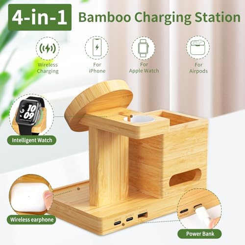 Eco-Friendly 4-in-1 Wireless Charging Dock with Pen Holder – Premium Bamboo Mag Safe Station for i Phone 12-16 Pro, Air Pods & Apple Watch – Fast Charging Solution for Home & Office, Perfect Gift for Tech Enthusiasts