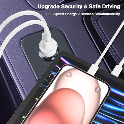 Dual-Port 45 W USB C Car Charger Adapter for Apple Devices – MFi Certified Fast Charger with 3 ft Lightning Cable (Pack of 2) – Rapid Charging for i Phone 14/13/12/11 Pro Max, i Pad, and Air Pods – Durable & Portable Power Solution for On-the-Go Lifestyle